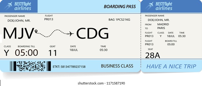 Flight ticket. Pattern of blue boarding pass. Vector illustration.