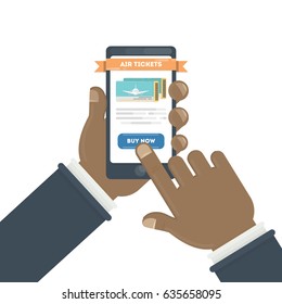 Flight ticket search. African hands holding smartphones with online booking. Buy now