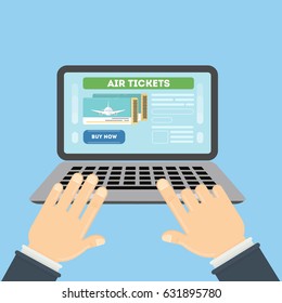 Flight ticket search. Hands typing on laptop for online booking. Buy now.