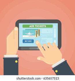 Flight ticket search. Hands typing on tablet for online booking. Air tickets.