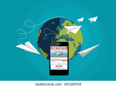 Flight ticket search on smartphone for online booking. Vector flat illustration.