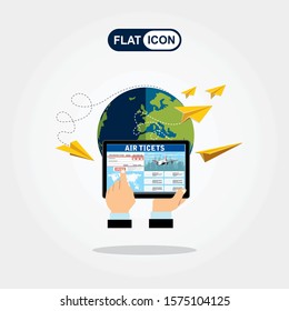 Flight ticket search on tablet for online booking. Vector flat illustration.