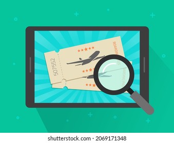 Flight ticket search or travel by airplane booking online on tablet computer vector flat cartoon illustration isolated