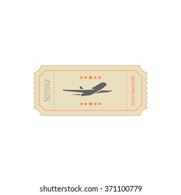 Flight ticket, tickets fly icon with taking off plane silhouette, airplane ticket sign, air boarding pass label, concept of travel, trip symbol, vintage retro vector illustration design isolated