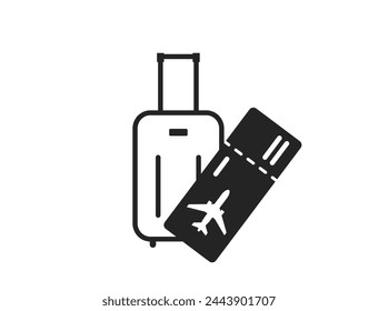 flight ticket and travel bag icon. air trip and vacation symbol. black and white vector image for tourism design