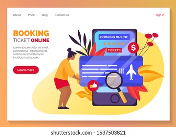 Flight tickets booking web banner, airline cheap flights search mobile application and landing page. Holiday travel tickets reservation service website layout, vector modern flat graphic design