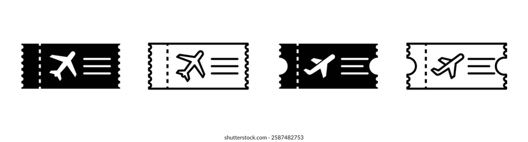 Flight tickets icon. Plane Ticket liner icon vector set. Boarding pass symbol. Airline pass sign. Travel by plane pictogram isolated.