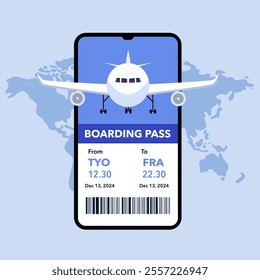 Flight tickets information on mobile app. Digital boarding pass on travel application. Airplane E-ticket Vector illustration.