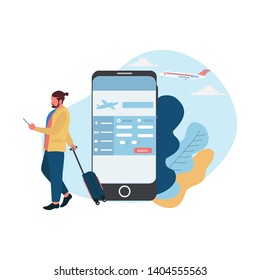 Flight tickets online booking air passage to airplane online via internet.  Flat mini person concept. Vector illustration