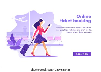 Flight tickets online booking concept. Buying ticket with smartphone. Vector illustration.