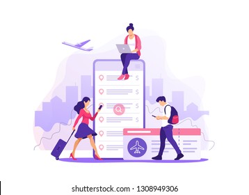 Flight tickets online booking concept. Buying ticket with smartphone. Vector illustration.