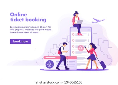 Flight tickets online booking concept. Buying ticket with smartphone. Vector illustration.	