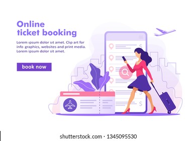 Flight tickets online booking concept. Buying ticket with smartphone. Vector illustration.	