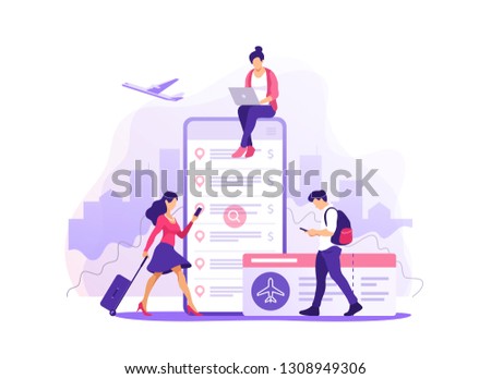 Flight tickets online booking concept. Buying ticket with smartphone. Vector illustration.
