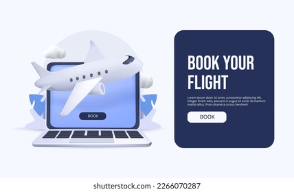 Flight tickets online booking website template illustration landing page. 3D Illustration for websites, landing pages, mobile applications, posters and banners 3D render