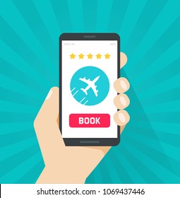 Flight tickets online from smartphone vector illustration, flat cartoon mobile phone with plane and book button, cellphone internet airplane tickets order 