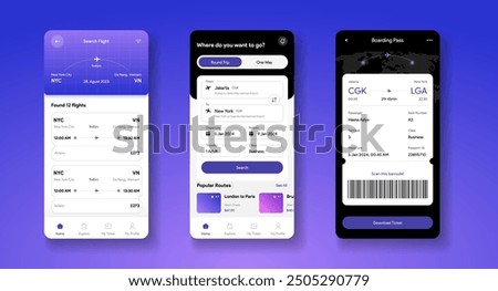 Flight tickets search mobile app interface. Digital boarding pass template. Travel application. Airline data card mockup. Airplane ticket frame E-ticket fly Vector illustration.