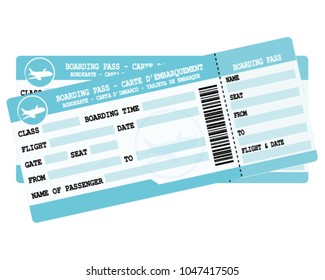 Flight tickets. Two blue boarding passes. Vector icon.