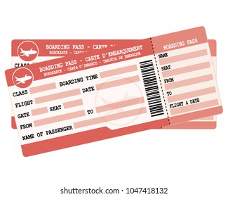 Flight tickets. Two red boarding passes. Vector icon.