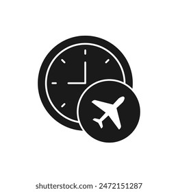Flight time. Airplane and clock icon flat style isolated on white background. Vector illustration