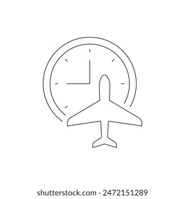 Flight time. Airplane and clock icon line style isolated on white background. Vector illustration