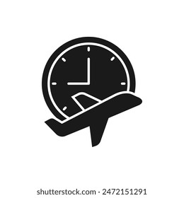 Flight time. Airplane and clock icon flat style isolated on white background. Vector illustration