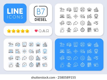 Flight time, Baggage belt and Online delivery line icons for web app. Message, Share, Like social media icons. Pack of Destination flag, Air balloon, Cardboard box pictogram icons. Vector