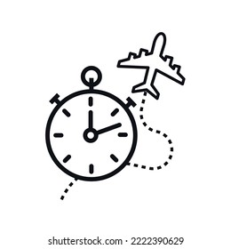 Flight time icon. Clock and airplane Vector.
