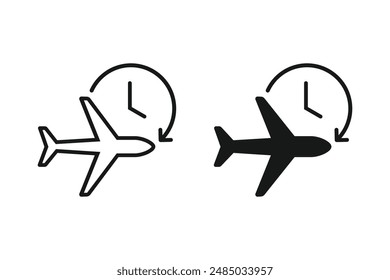 Icono de tiempo de vuelo. Icono de viaje. Símbolo de avión de viaje, logotipo. Temporizador e icono del avión.