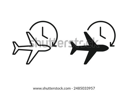 Flight time icon. Travel icon. Travel plane symbol, logo. Timer and air plane icon.