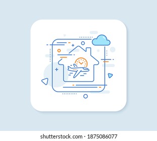Flight time line icon. Abstract vector button. Airplane with clock sign. Airport flights symbol. Flight time line icon. Home concept badge. Vector