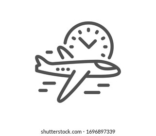 Flight time line icon. Airplane with clock sign. Airport flights symbol. Quality design element. Editable stroke. Linear style flight time icon. Vector