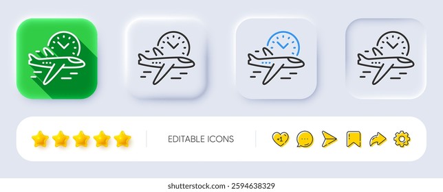 Flight time line icon. Neumorphic, Flat shadow, 3d buttons. Airplane with clock sign. Airport flights symbol. Line flight time icon. Social media icons. Vector