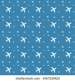 Flight and tourism concept. Pattern with blue sky, airplane and clouds. Vector illustration