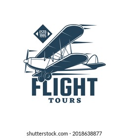 Flight tours vector icon of vintage biplane, retro plane or airplane with propeller and wheels. Air travel, tourism, aircraft and aviation transport isolated symbol, emblem or badge design