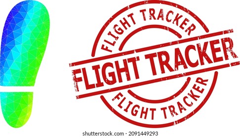 FLIGHT TRACKER grunge stamp seal and low-poly spectrum colored human foot print icon with gradient. Red stamp seal includes Flight Tracker title inside circle and lines form.