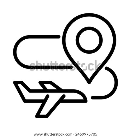 Flight tracker icon. Plane with pin location. Outline style. Isolate on white background.