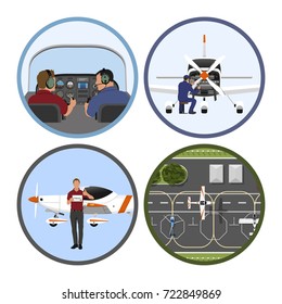 Flight Training Academy. Repair And Maintenance Of The Aircraft. A Plane Flying Over An Airfield. Vector Illustration