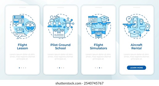 Pantalla de App móvil de incorporación azul de entrenamiento de vuelo. Instrucciones gráficas editables de 4 pasos con conceptos lineales. PLANTILLA UI, UX, GUI