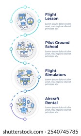 Flight training types infographic design template. Aircraft system, education. Data visualization 4 options. Process vertical flow chart