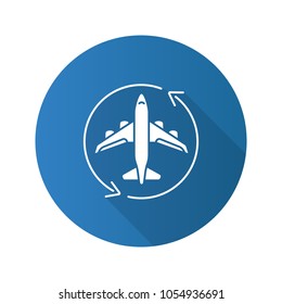 Flight transit flat design long shadow glyph icon. Circle arrow with airplane inside. Plane transfer. Flights management. Vector silhouette illustration