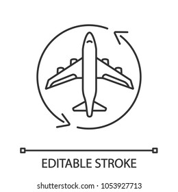 Flight transit linear icon. Circle arrow with airplane inside. Thin line illustration. Plane transfer. Flights management. Contour symbol. Vector isolated outline drawing. Editable stroke