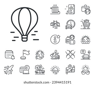 Flight transport with basket sign. Plane jet, travel map and baggage claim outline icons. Air balloon line icon. Amusement park symbol. Air balloon line sign. Car rental, taxi transport icon. Vector