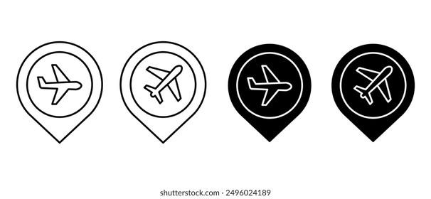 Flight transport icon vector set. Airport map pin symbol