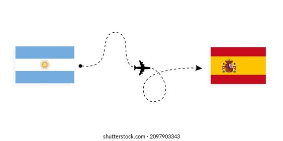 Flight and travel from Argentina to Spain by passenger airplane Travel concept