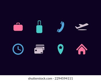 Flight and travel booking services vector icon set. Airport and airplane mobile app icons.