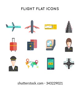 Flight, Travel By Plane Flat Vector Icon Set. Plane, Boarding Pass, Passport, Landing, Flight Attendant, Pilot, Luggage, Seat, Map, Airport, Device On Flight Mode