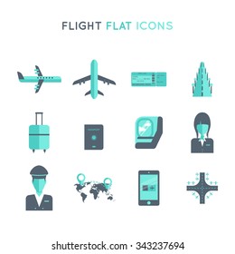 Flight, Travel By Plane Flat Vector Icon Set. Plane, Boarding Pass, Passport, Landing, Flight, Attendant, Pilot, Luggage, Seat, Map, Airport, Device On Flight Mode