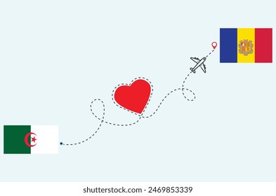 Flight and travel concept from Algeria to Andorra airplane travel Heart concept flags design