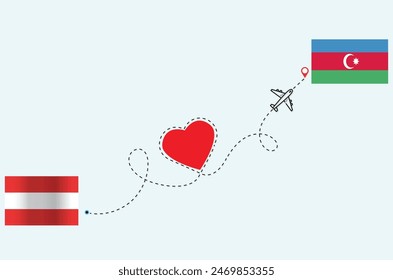 Flight and travel concept from Austria to Azerbaijan airplane travel Heart concept flags design